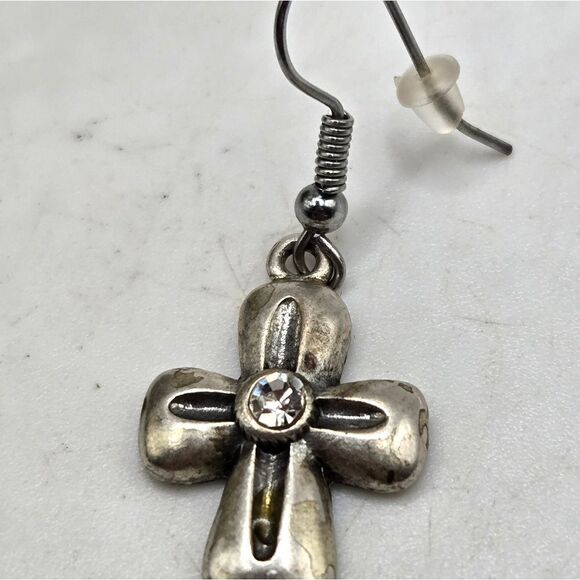 "5/$25" Mismatched Silvertone Rhinestone Cross /Circle Dangle Earrings - Picture 6 of 8